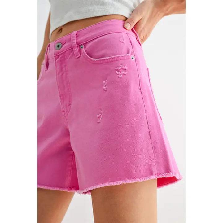 Pink High-Rise Raw Hem Mid Length Shorts