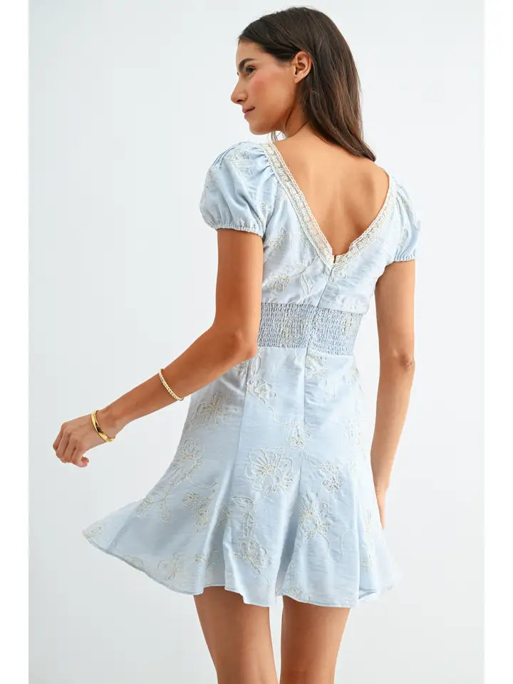 Light Blue Embroidered Dress with Lace Trim