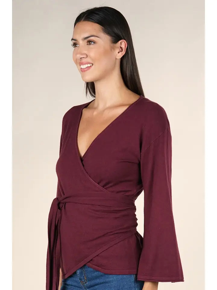 Dressy Wrap Bell Sleeve Pullover Sweater