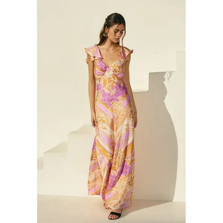Riviera Bloom Flutter Detail Open Back Maxi Dress