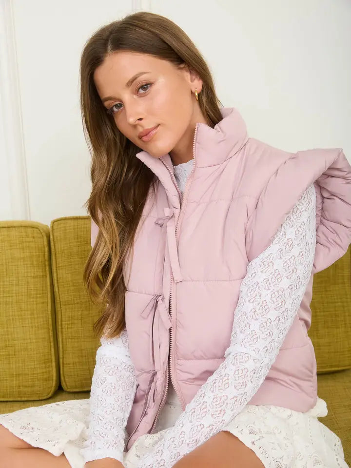Flutter Sleeve Bow Detail Zip-Up Puffer Vest