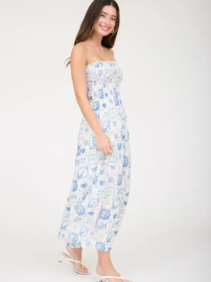 Plant Motif Smocked Strapless Tiered Midi Dress
