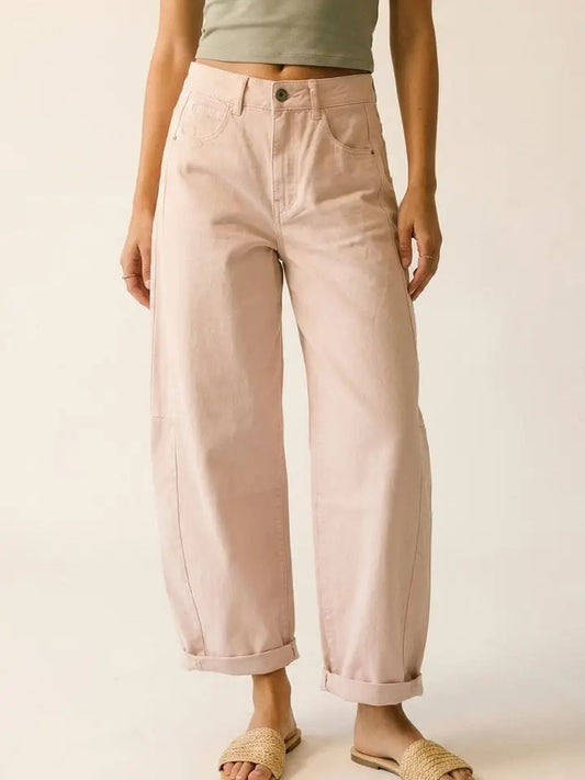 Light Pink Wide-Leg Barrel Style Pants with Rolled Hems