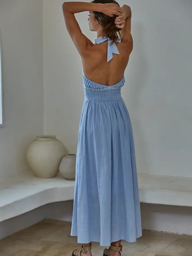 Woven Cotton Halter Neck Open Back Flare Midi Dress