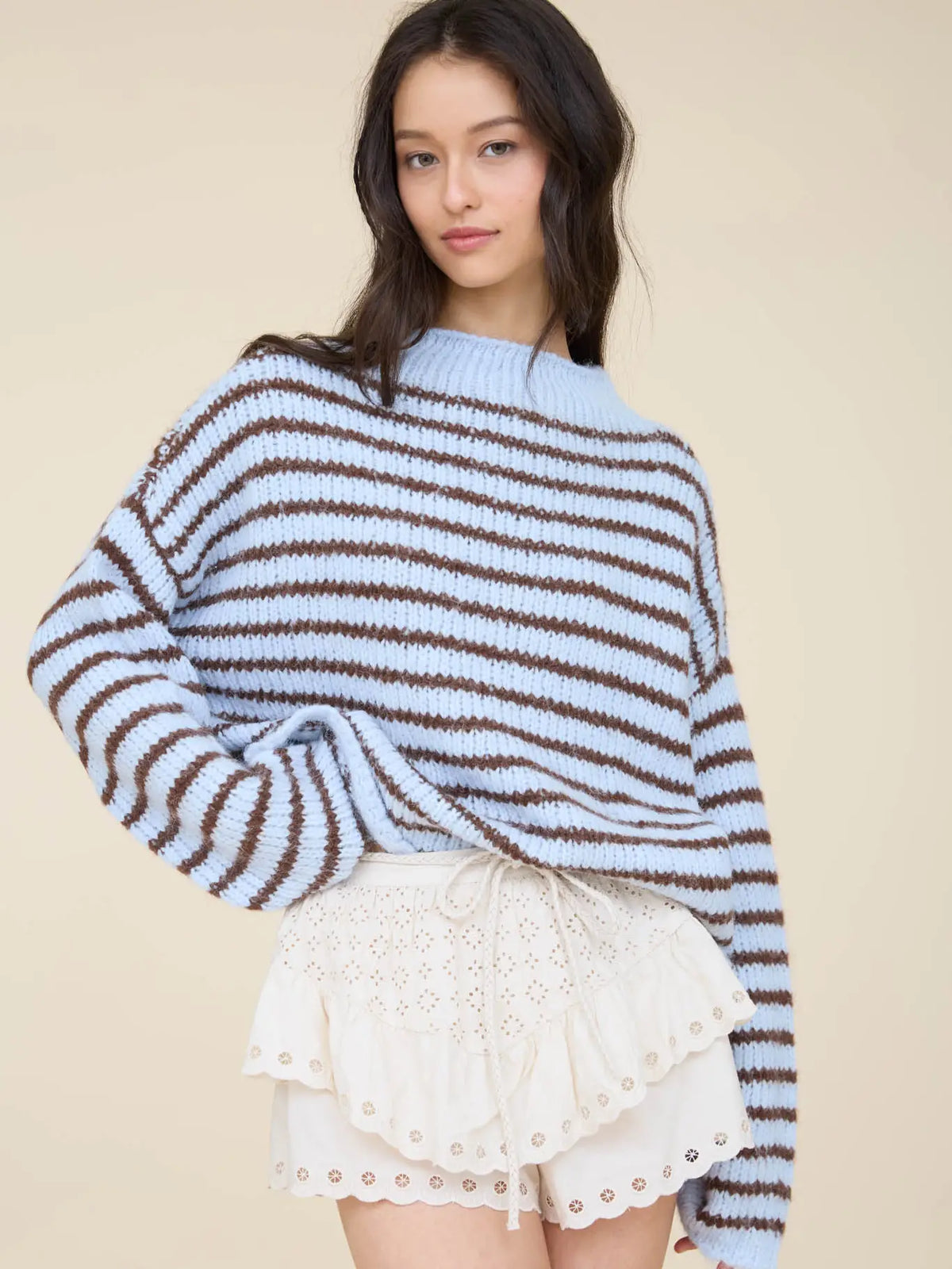 Stripe Rolled Edge Detail Long Sleeve Knit Sweater