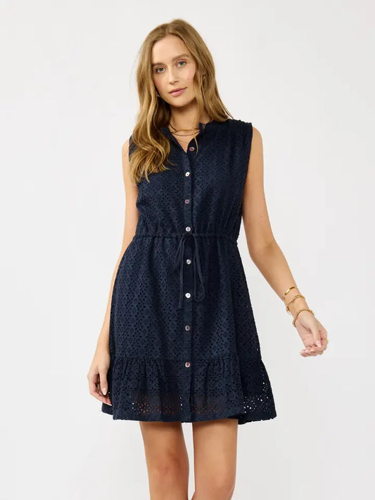 Navy Eyelet Dress with Ruffle Hem
