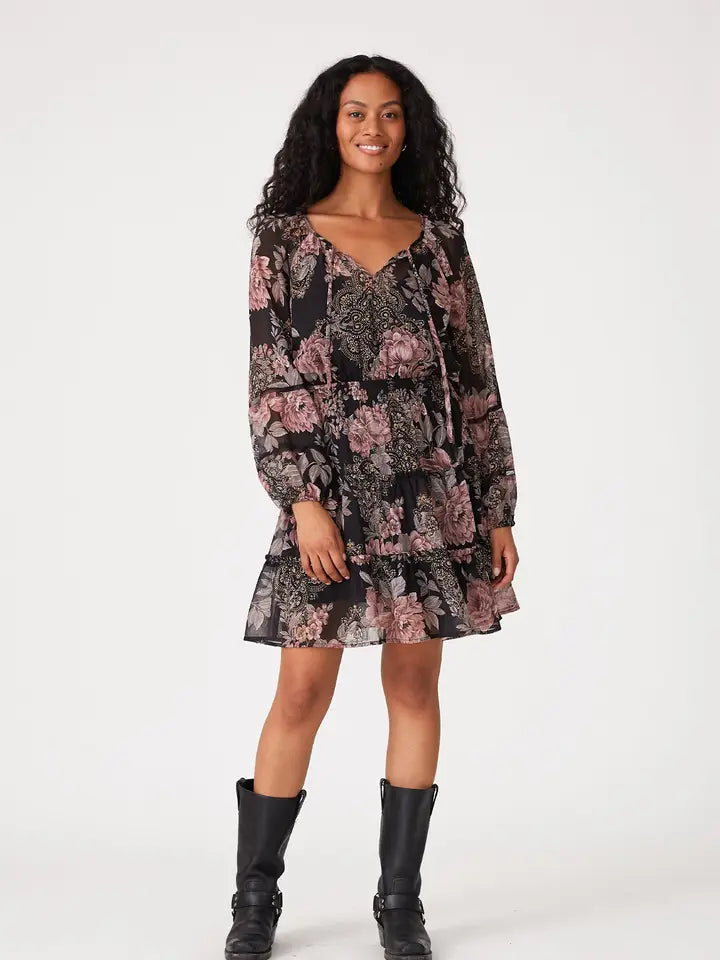 Floral Long Sleeve Smocked Tiered Mini Dress
