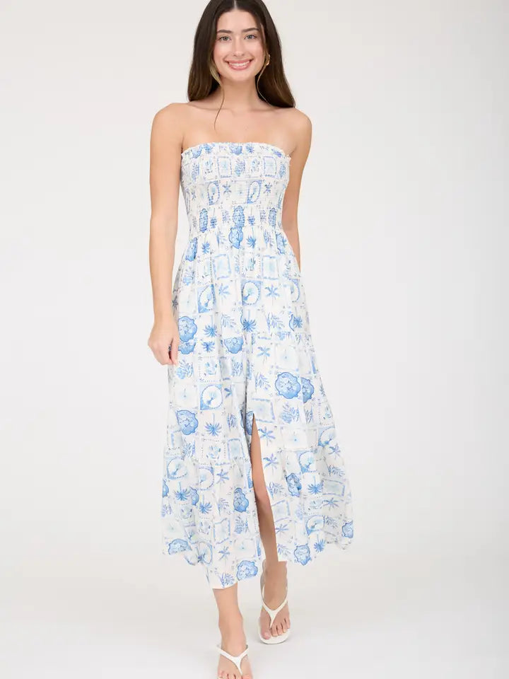 Plant Motif Smocked Strapless Tiered Midi Dress