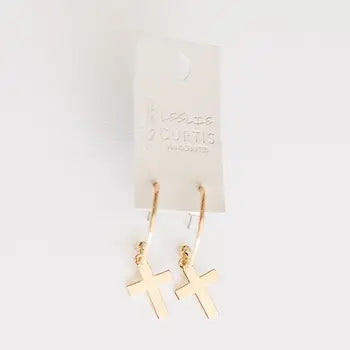 Mallory - Plated Gold Cross Hoop Earring Drop 1 5/8"