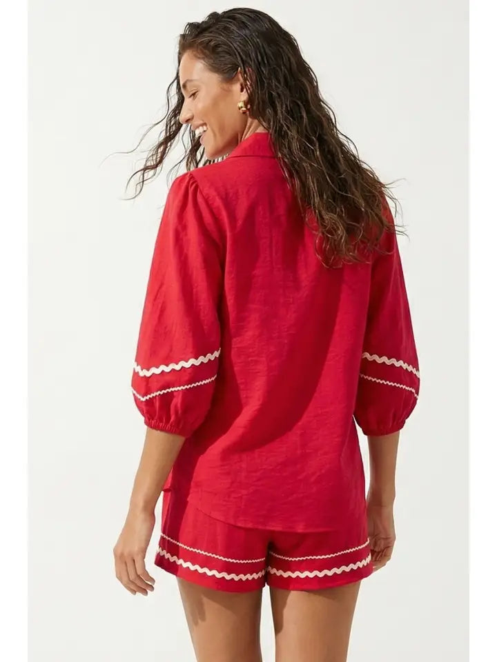 Contrast Trim Puff Sleeve Linen Blouse