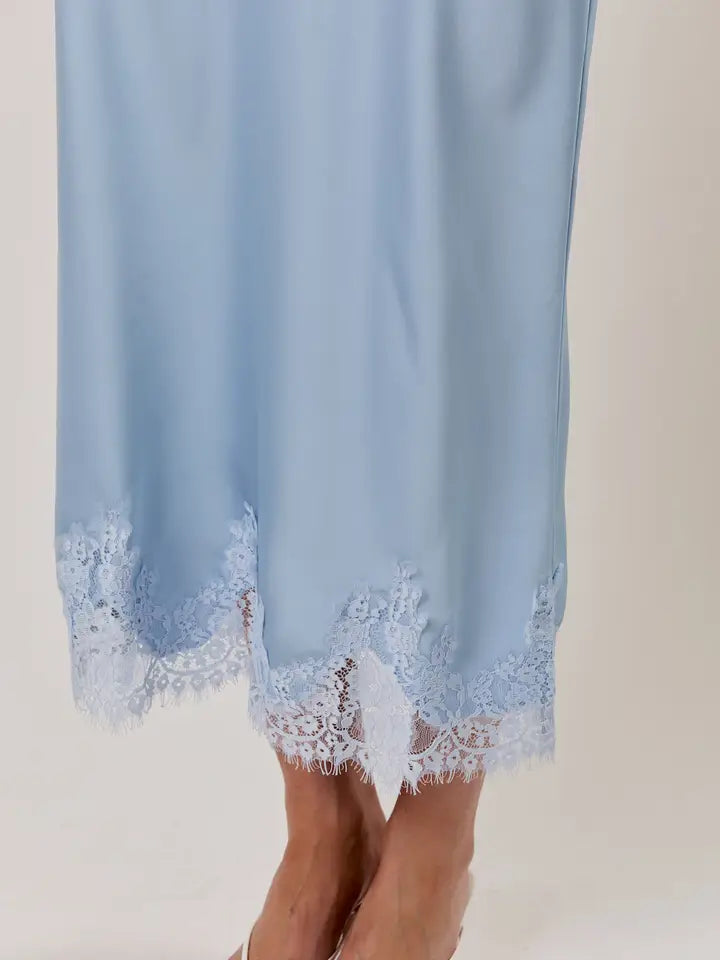 Lace Applique Satin Bias Midi Skirt