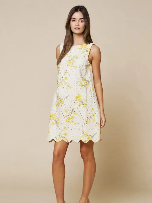 Floral Embroidered Eyelet Mini Shift Dress W/Scalloped Hem