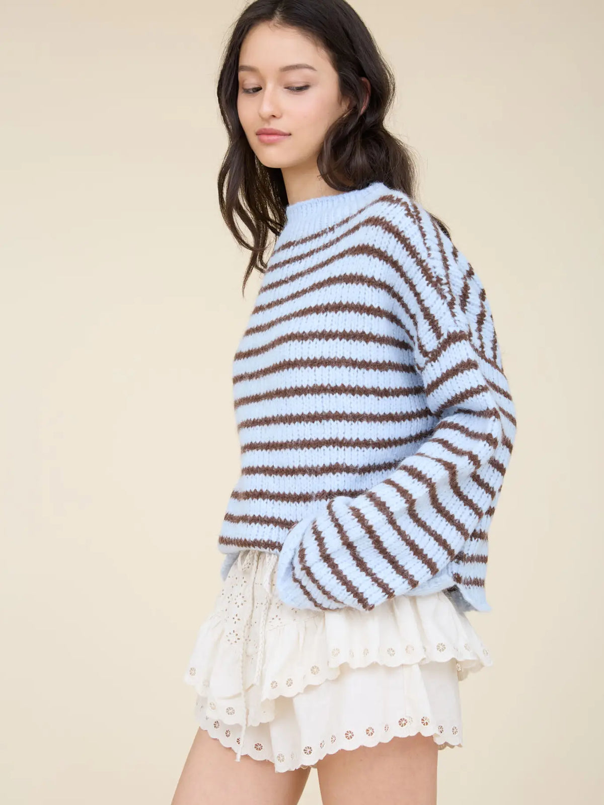 Stripe Rolled Edge Detail Long Sleeve Knit Sweater