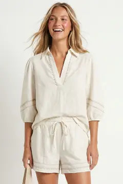 Contrast Trim Puff Sleeve Linen Blouse