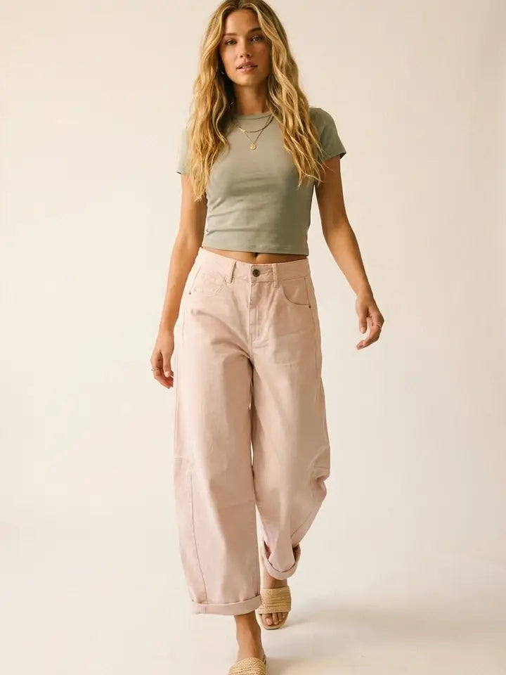 Light Pink Wide-Leg Barrel Style Pants with Rolled Hems