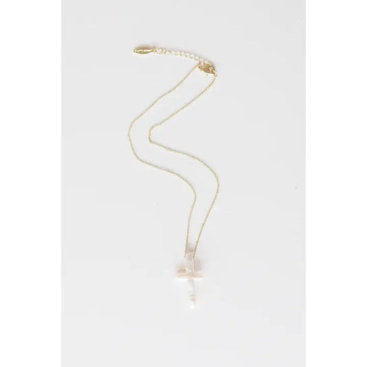 Tara - Chunky Pearl Cross Gold 16" Chain 2" Extender
