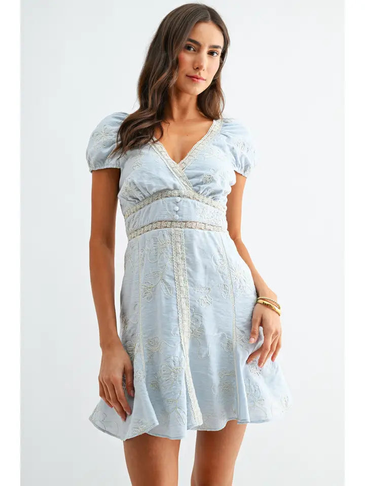 Light Blue Embroidered Dress with Lace Trim