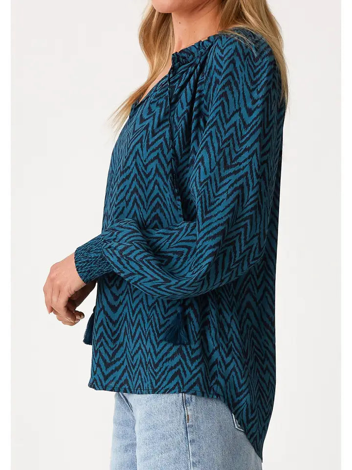 Zigzag Long Sleeve Tie Neck Blouse