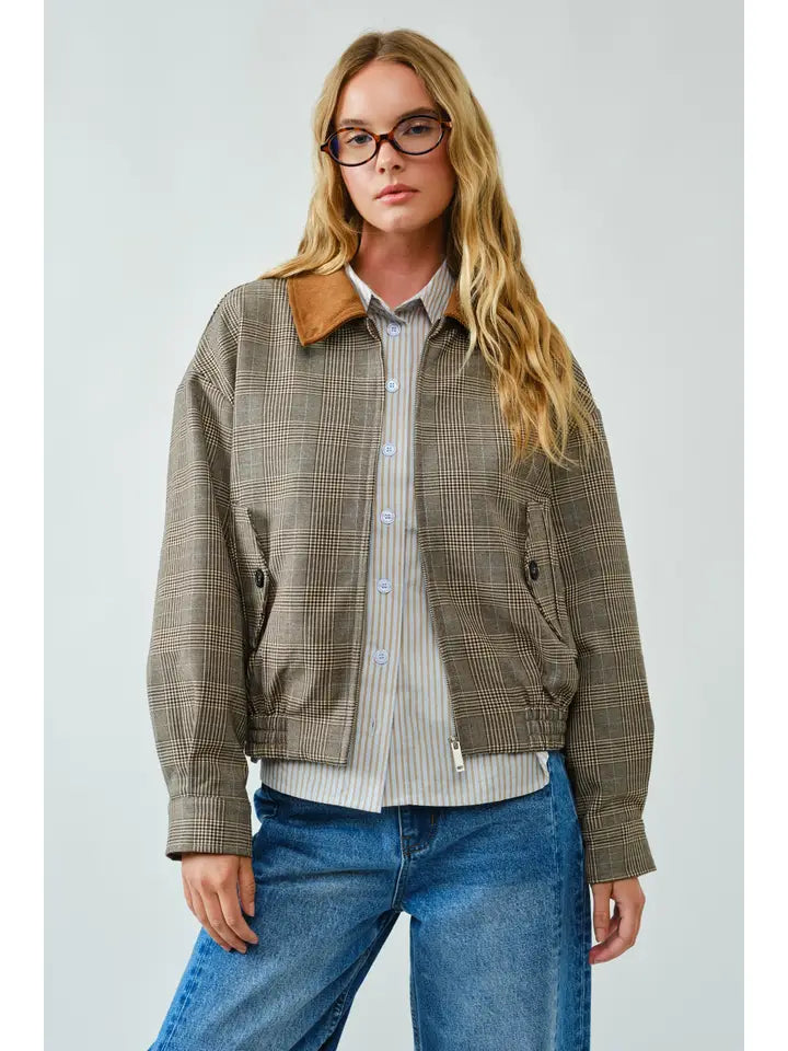 Classic Plaid Bomber Collar Jacket