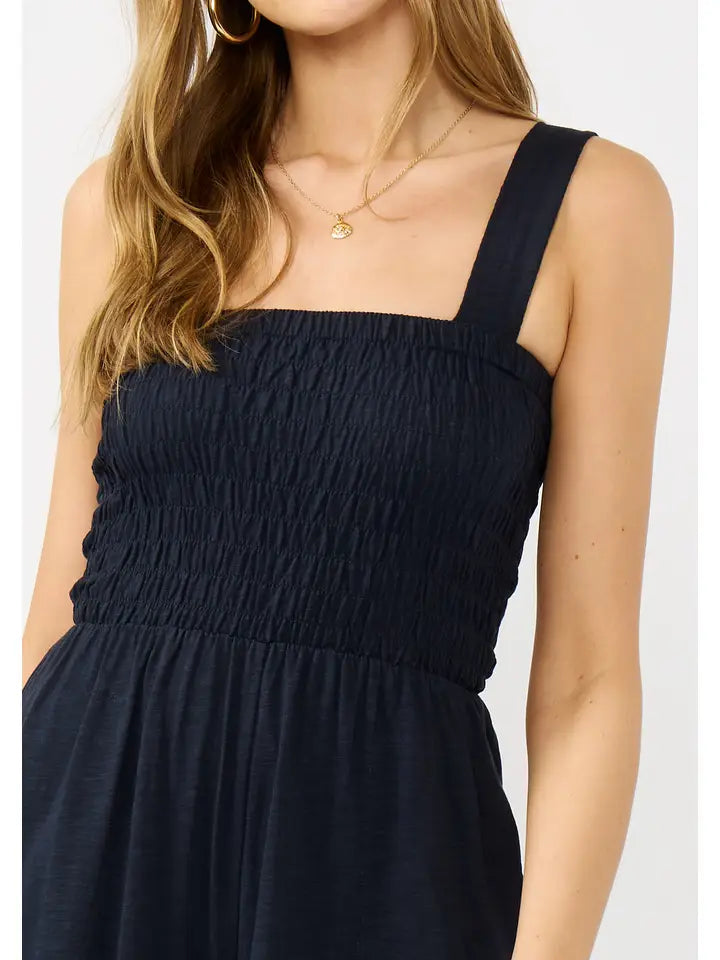 Leg Smocked Bodice Sleeveless Jumpsuit