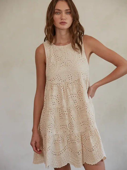 Cotton Eyelet Sleeveless Flare Mini Babydoll Dress