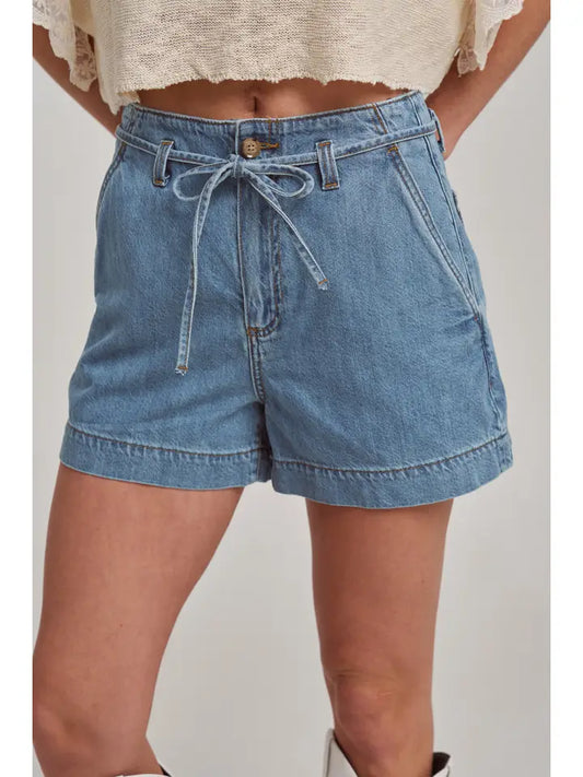 High Rise Denim Shorts with Strap Tie At the Waistband