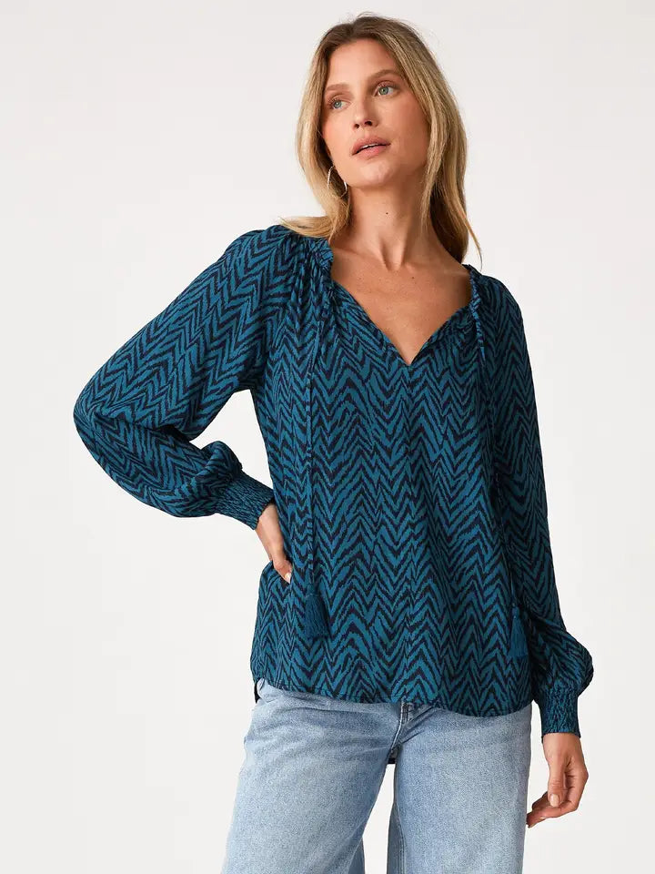Zigzag Long Sleeve Tie Neck Blouse
