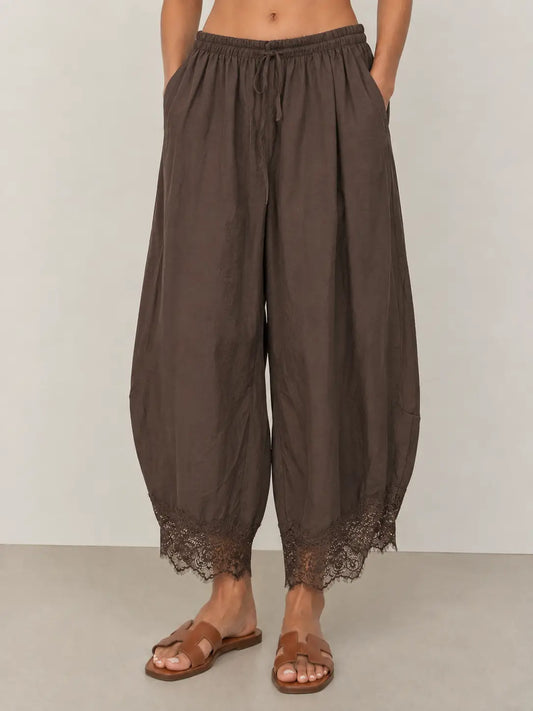 Woven Barrel Pants with Lace Triim