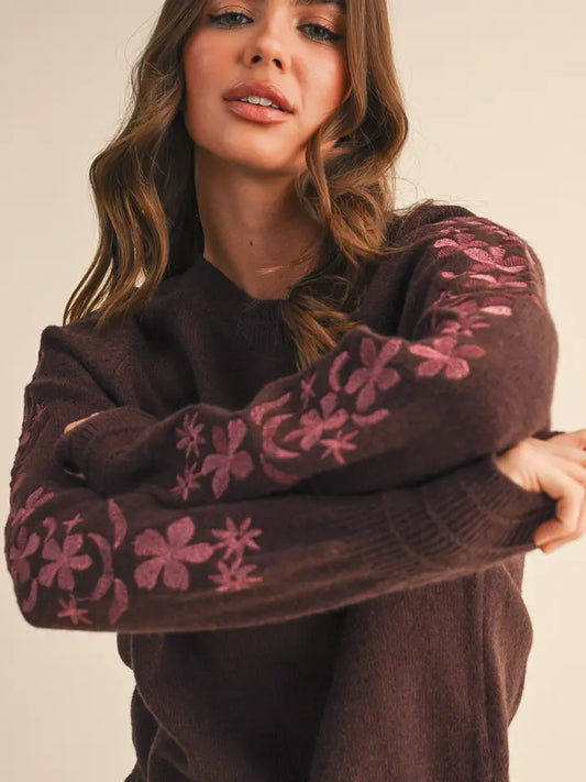 Pullover Sweater with Floral Embroidered Sleeves