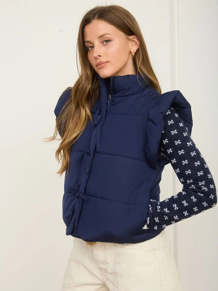 Flutter Sleeve Bow Detail Zip-Up Puffer Vest