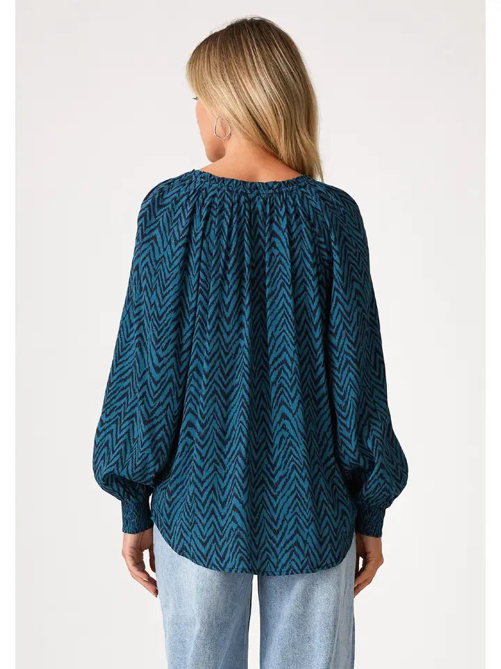 Zigzag Long Sleeve Tie Neck Blouse