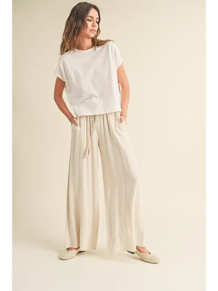 COTTON LINEN SMOCKED WAIST PANTS