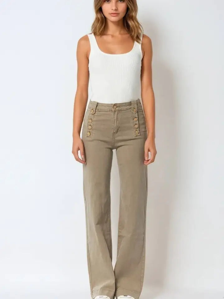 Straight Jeans with Gold Buttons At the Side