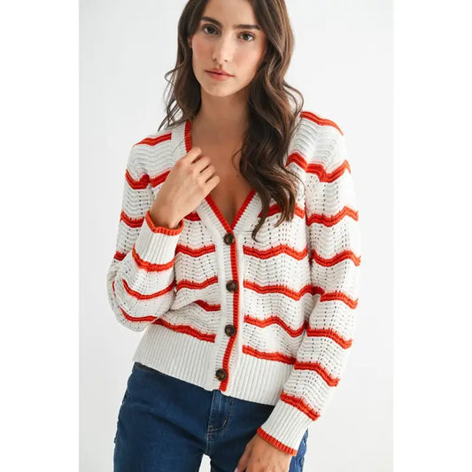 Chevron Stripe Button-Up Knit Cardigan