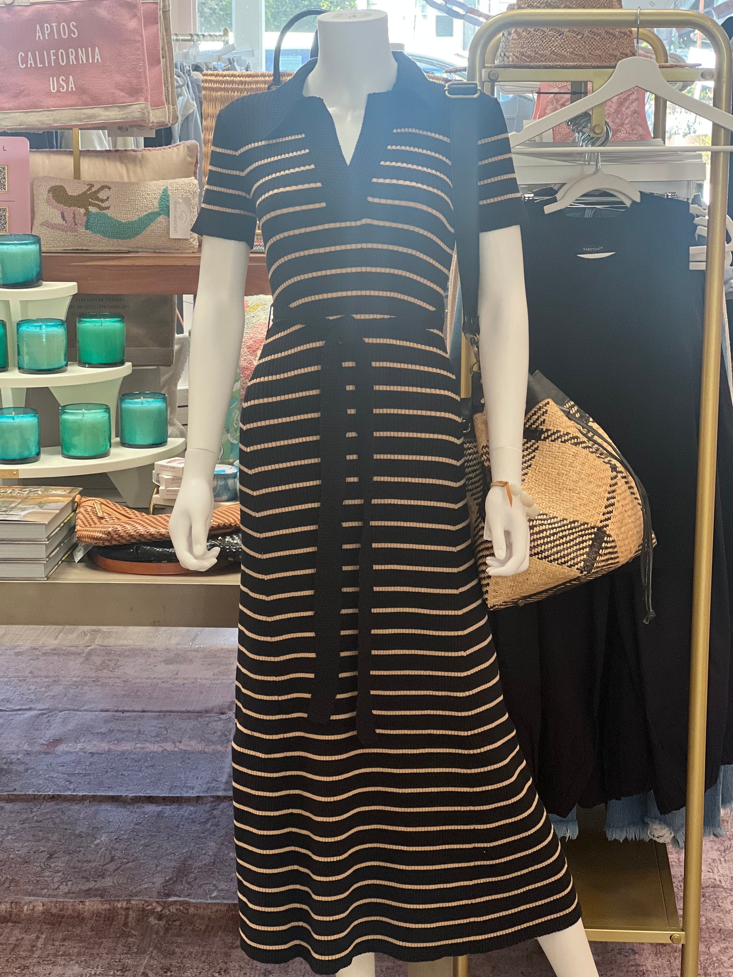 The Heather Dress Black and Tan Stripe Knit with Polo Collar