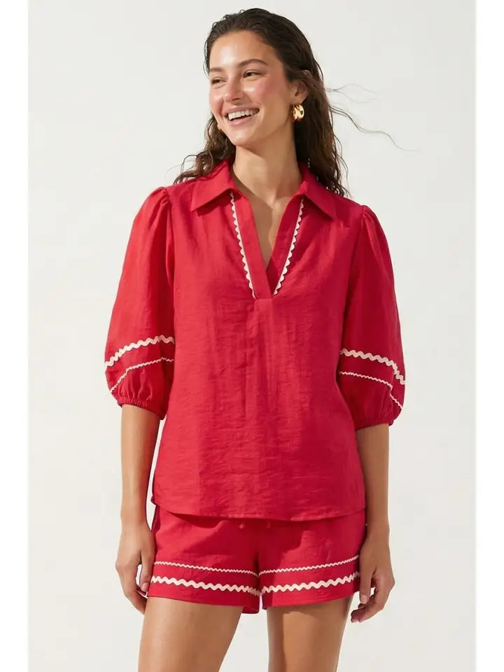 Contrast Trim Puff Sleeve Linen Blouse