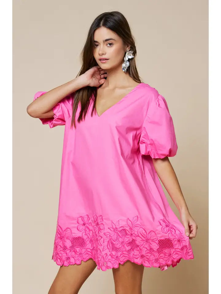 Floral Embroidery Hem V Neck Shor Puff Sleeve Mini Dress