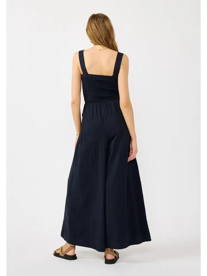 Leg Smocked Bodice Sleeveless Jumpsuit