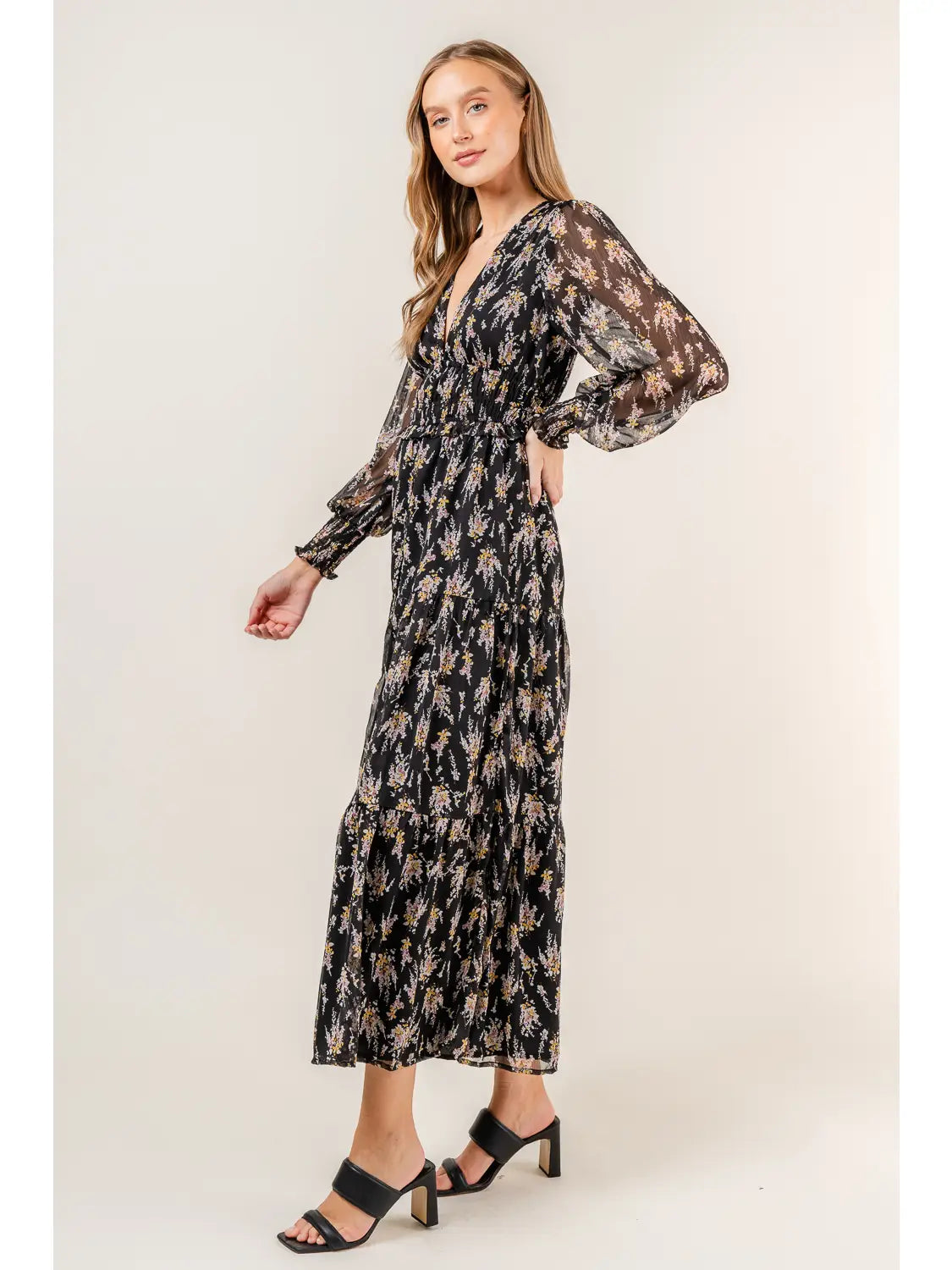 Floral Long Sleeve Dress with V Neck and Smocked Waist