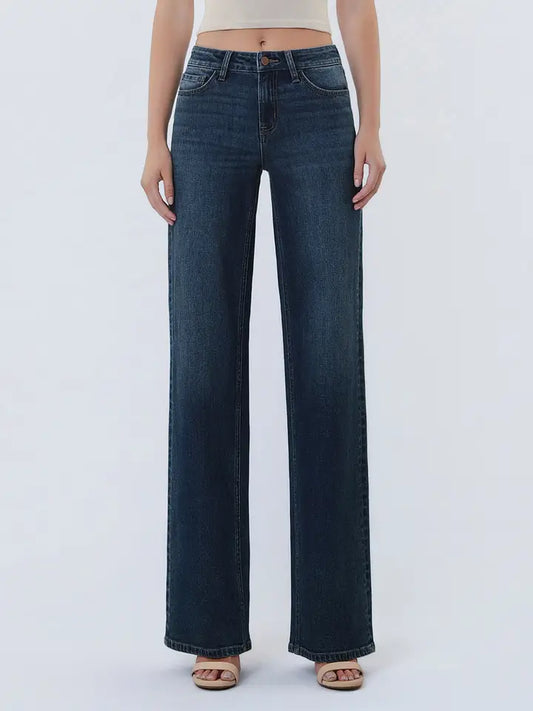 Mid Rise Full Length Dark Wash Wide Leg Jeans