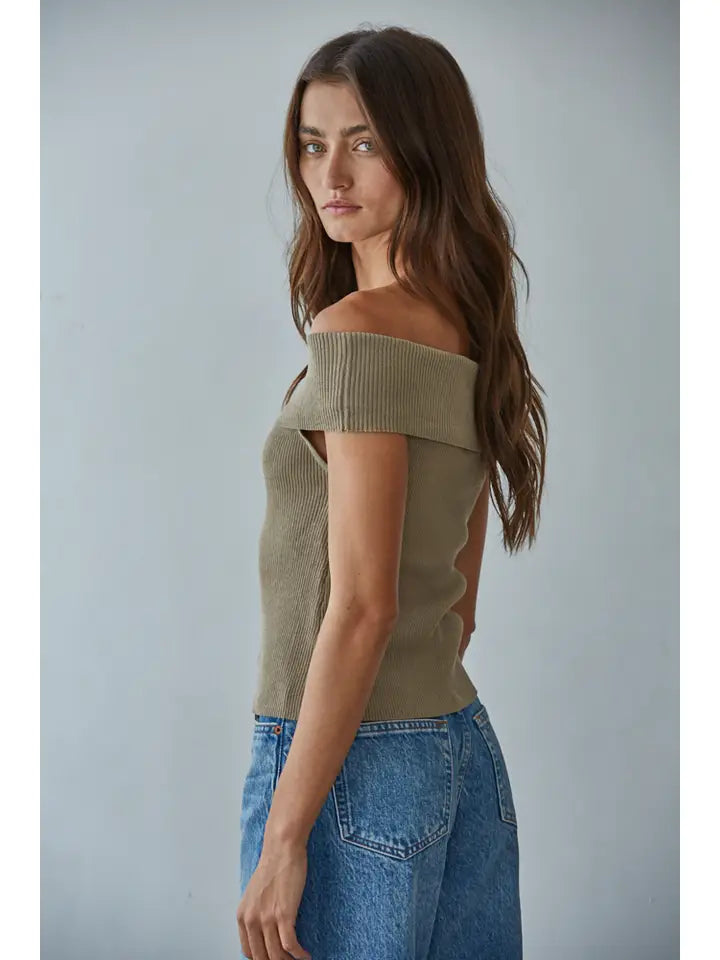 Knit Sweater Ribbed Fold Over Off the Shoulder Top