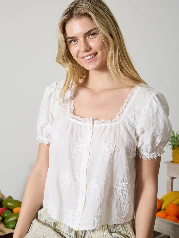 Floral Embroidery Lace Trim Puff Sleeve Top