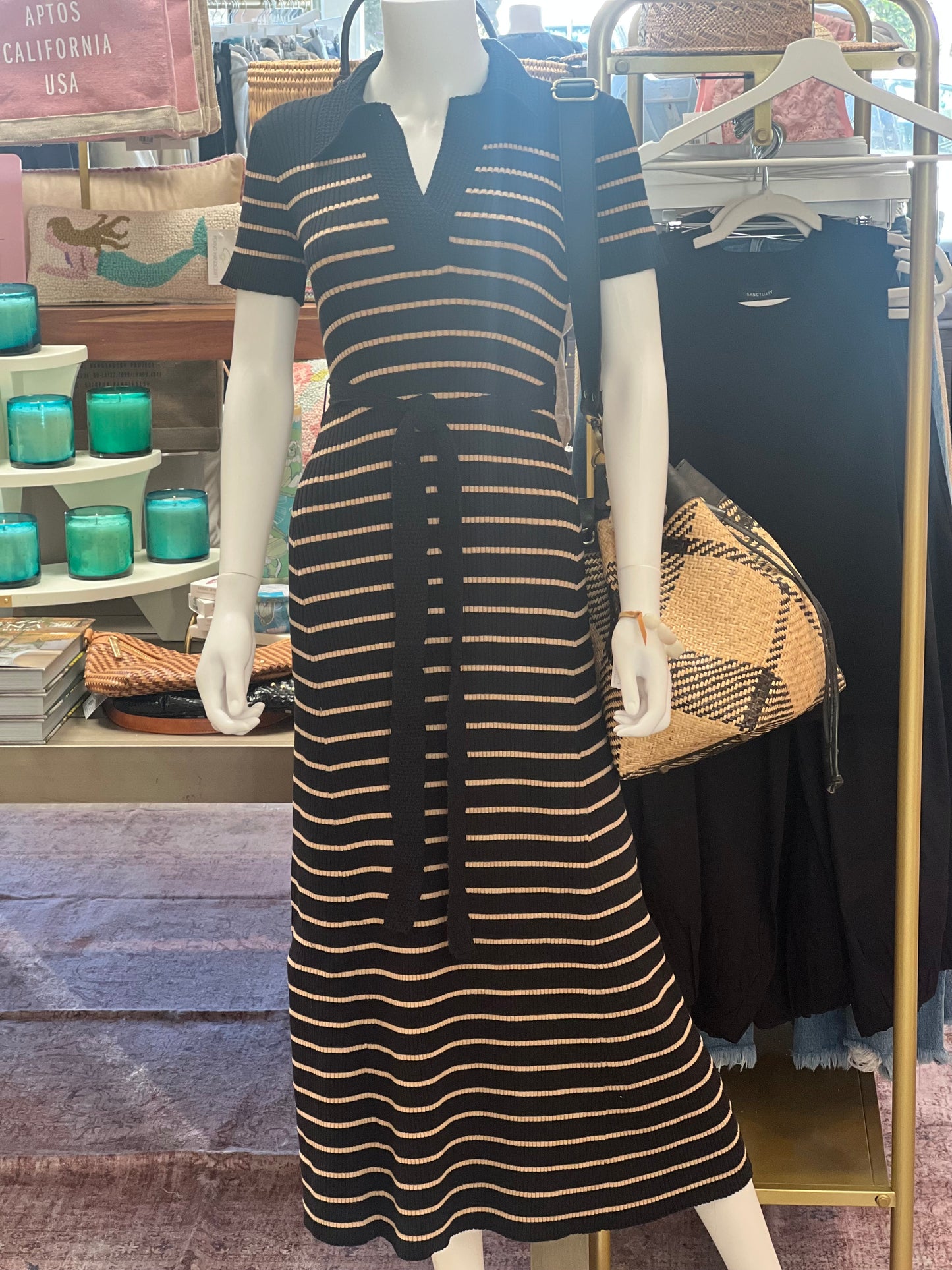 The Heather Dress Black and Tan Stripe Knit with Polo Collar