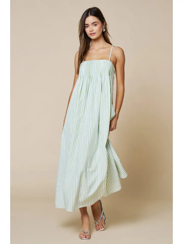 Stripe Print Pleated Spaghetti Straps Maxi Dress