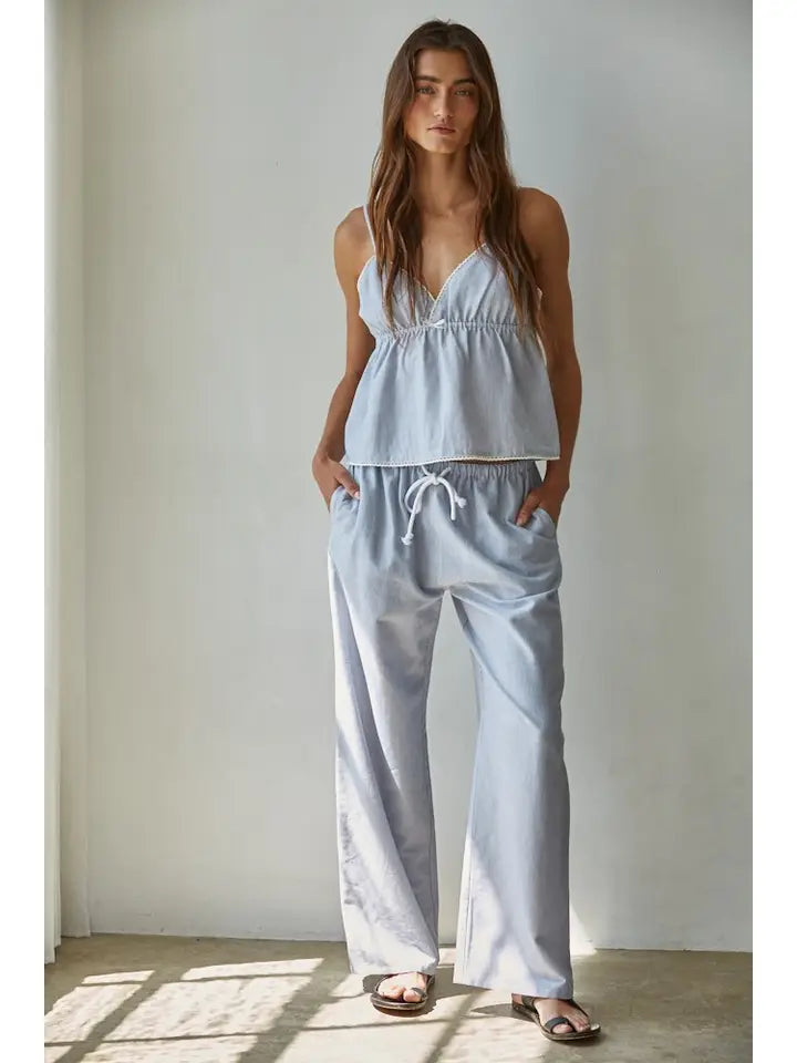 Woven Cotton Linen Striped Wide Leg Pants