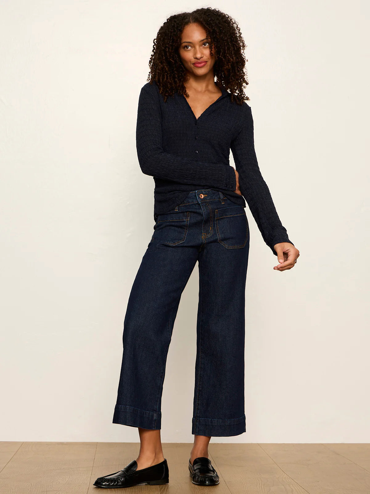 Juno Textured Button Front Top Navy Blazer