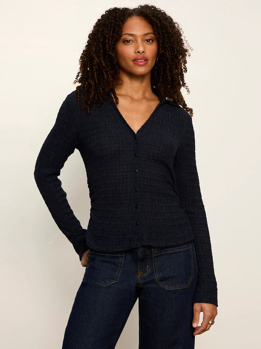 Juno Textured Button Front Top Navy Blazer