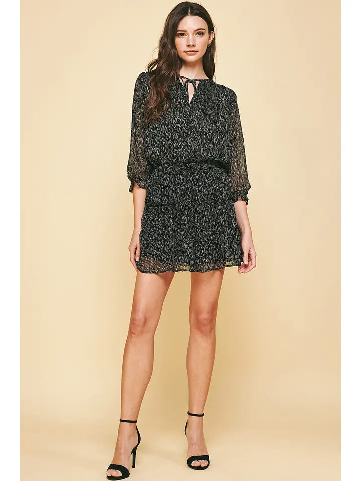Dotted Ruffle 3/4 Dress - Black Dot