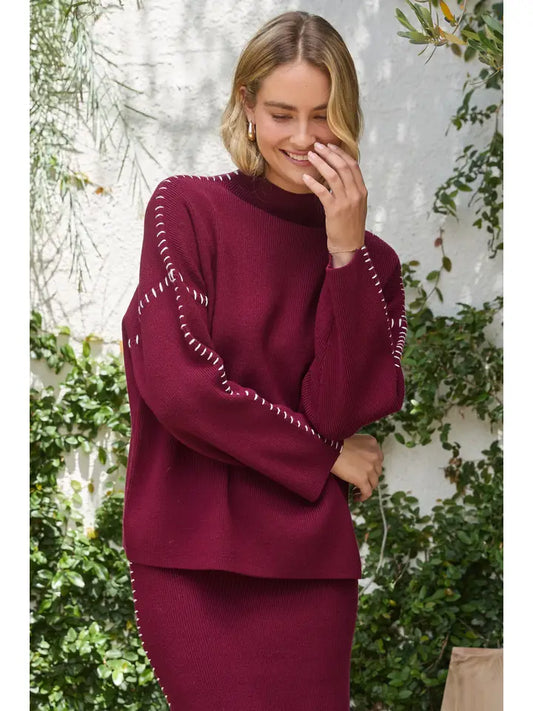 Oversized Sweater with Contrast Blanket Stitch