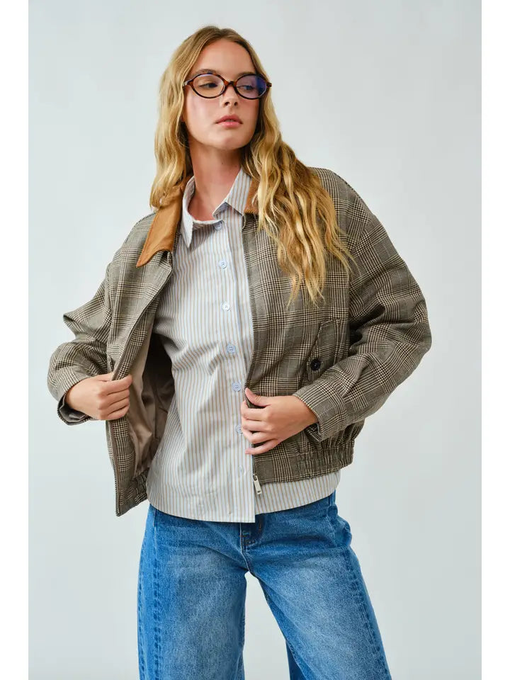 Classic Plaid Bomber Collar Jacket